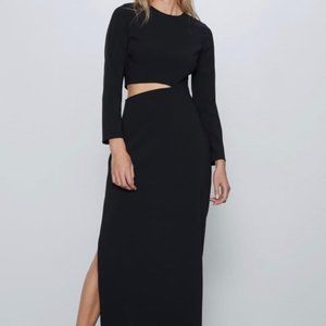ZARA Long Sleeve Cut Out Maxi Dress with side slit, in Black, size XL